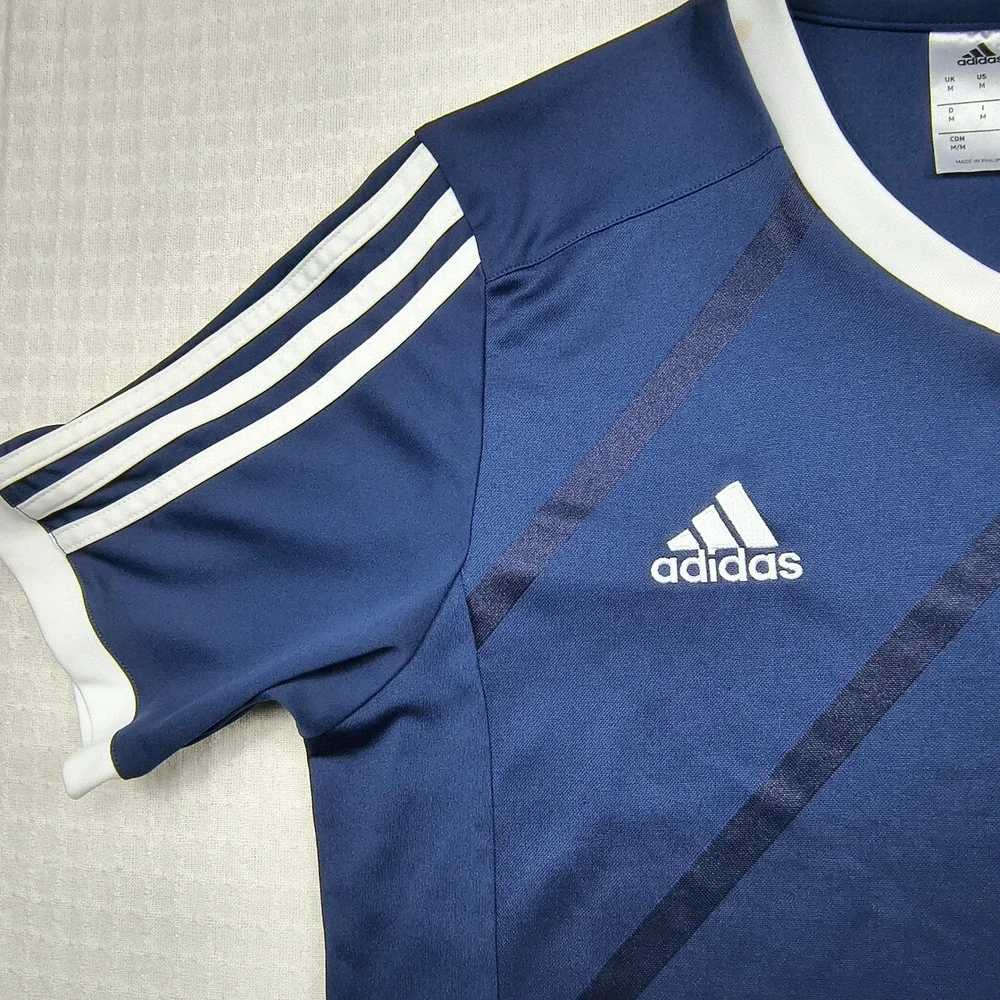 Adidas Climalite Mens Medium Navy Blue‎ White Striped V-Neck Soccer Jersey Shirt